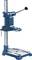 Blue drilling stand with clamping mechanism and steel base for stable mounting.