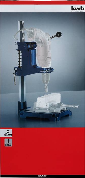 Drill stand with drill machine inserted, drilling into a white block. Maximum drilling depth 500 mm, drill diameter 43 mm.