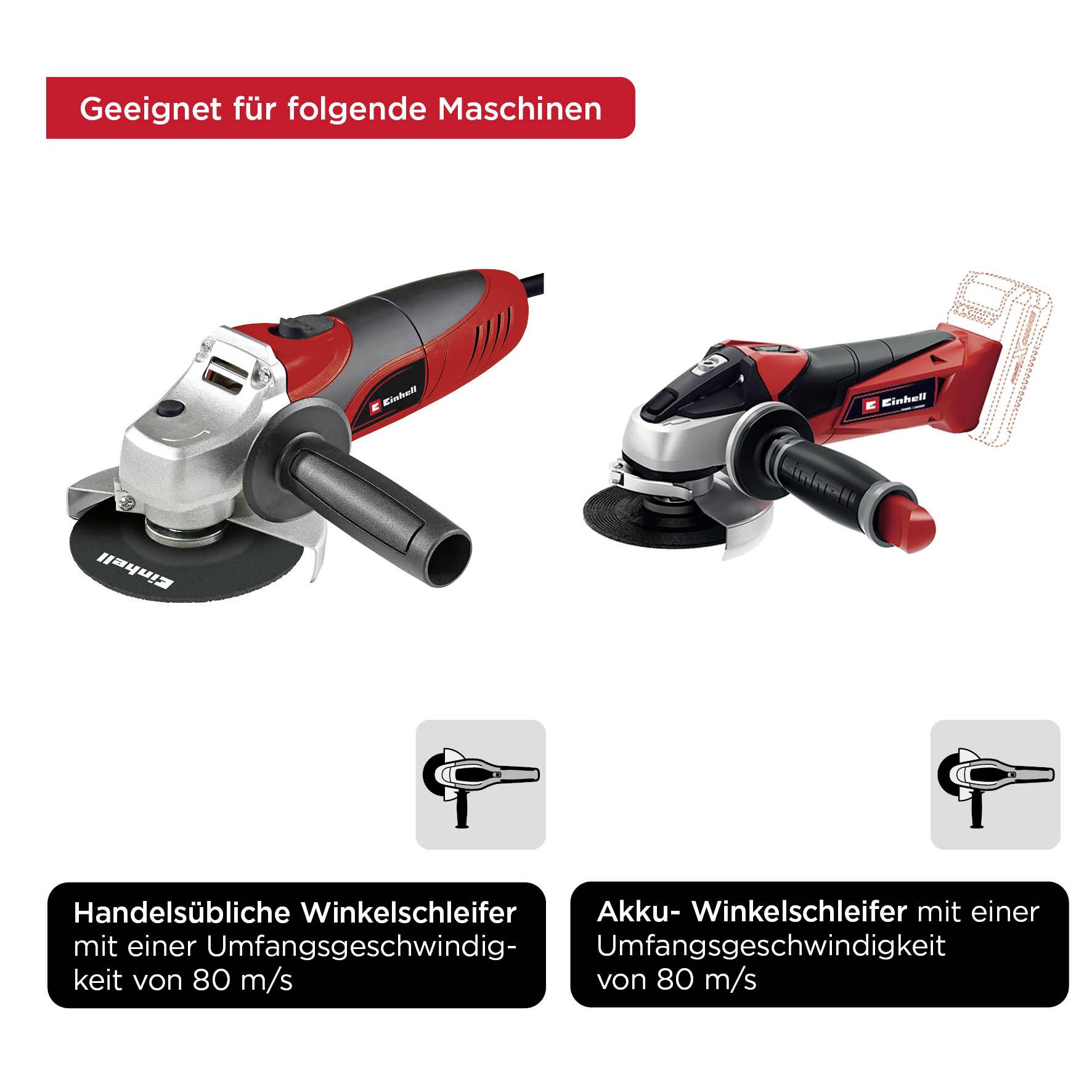 'Suitable for standard angle grinders with a peripheral speed of 80 m/s and battery-powered angle grinders with the same speed.'