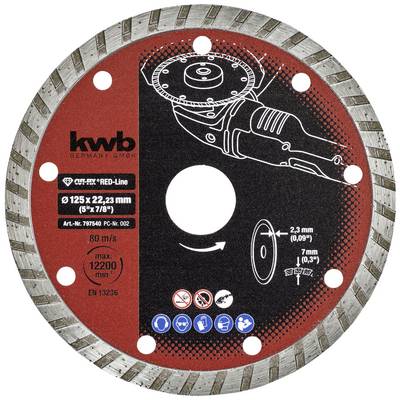 Diamond cutting disc with red and black design, 125 mm diameter. Label shows applications and safety information for precise cutting.