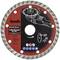 Diamond cutting disc with red and black design, 125 mm diameter. Label shows applications and safety information for precise cutting.