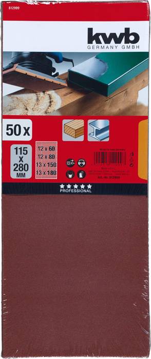 'Sandpaper Set' by 'kwb', contains 50 sheets in various sizes for wood and metal processing.