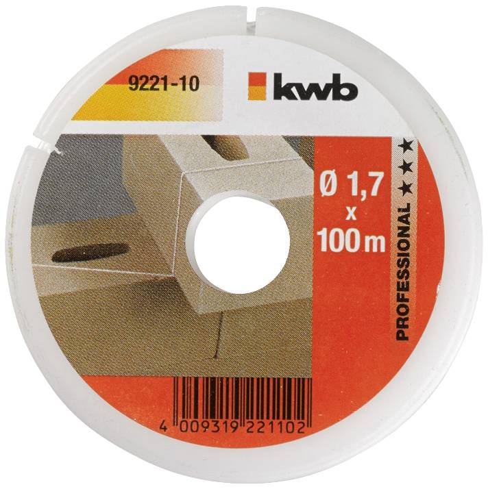 Reel with white plastic thread, diameter 1.7mm, length 100m. Label with product information and brand logo.