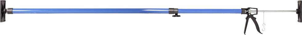 Blue adjustable tension rod for securing large items; adjustable with tension mechanism on the right side. Suitable for workshop use.