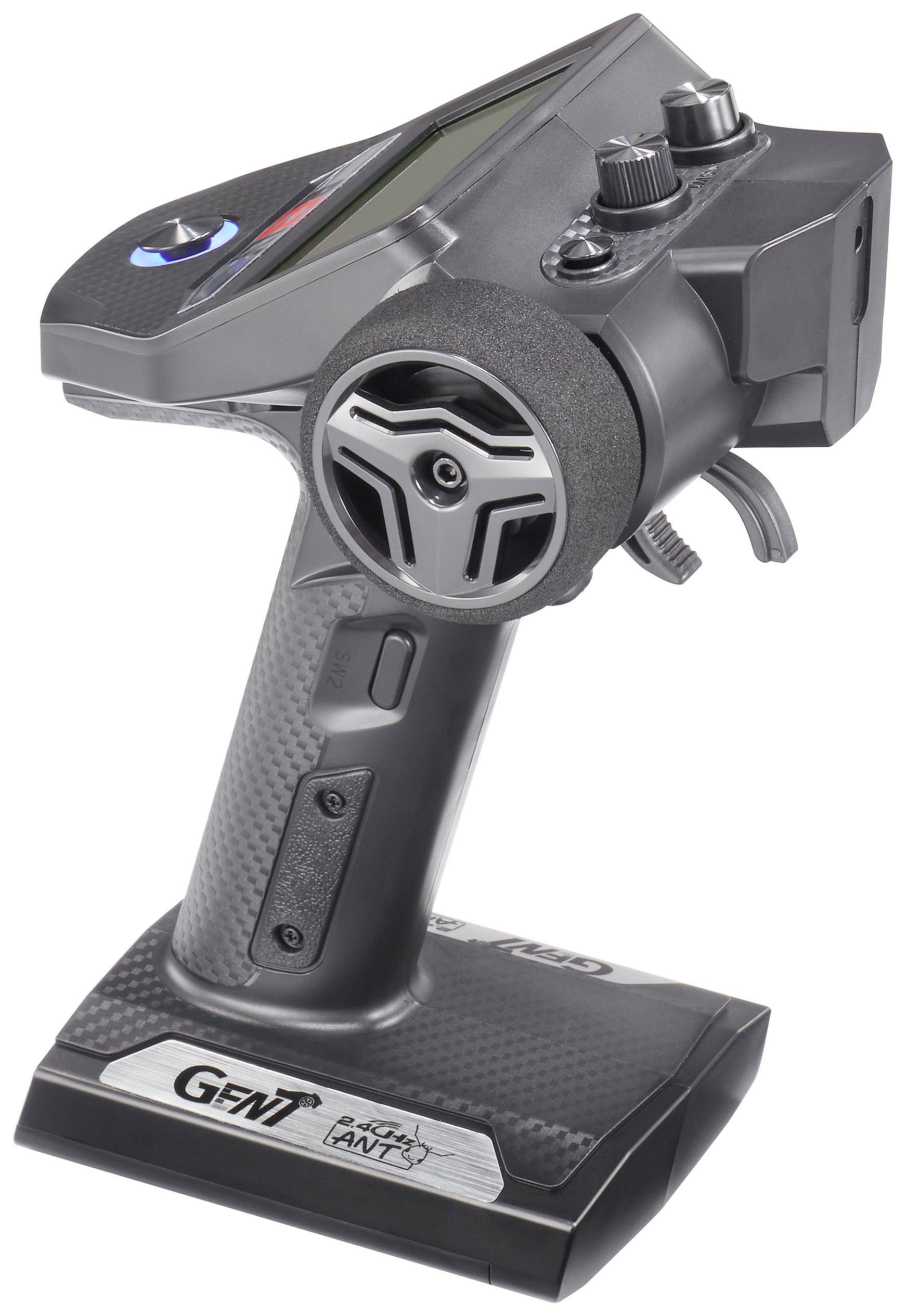 Remote control for remote-controlled cars, black, with steering wheel and multiple buttons, standing upright.