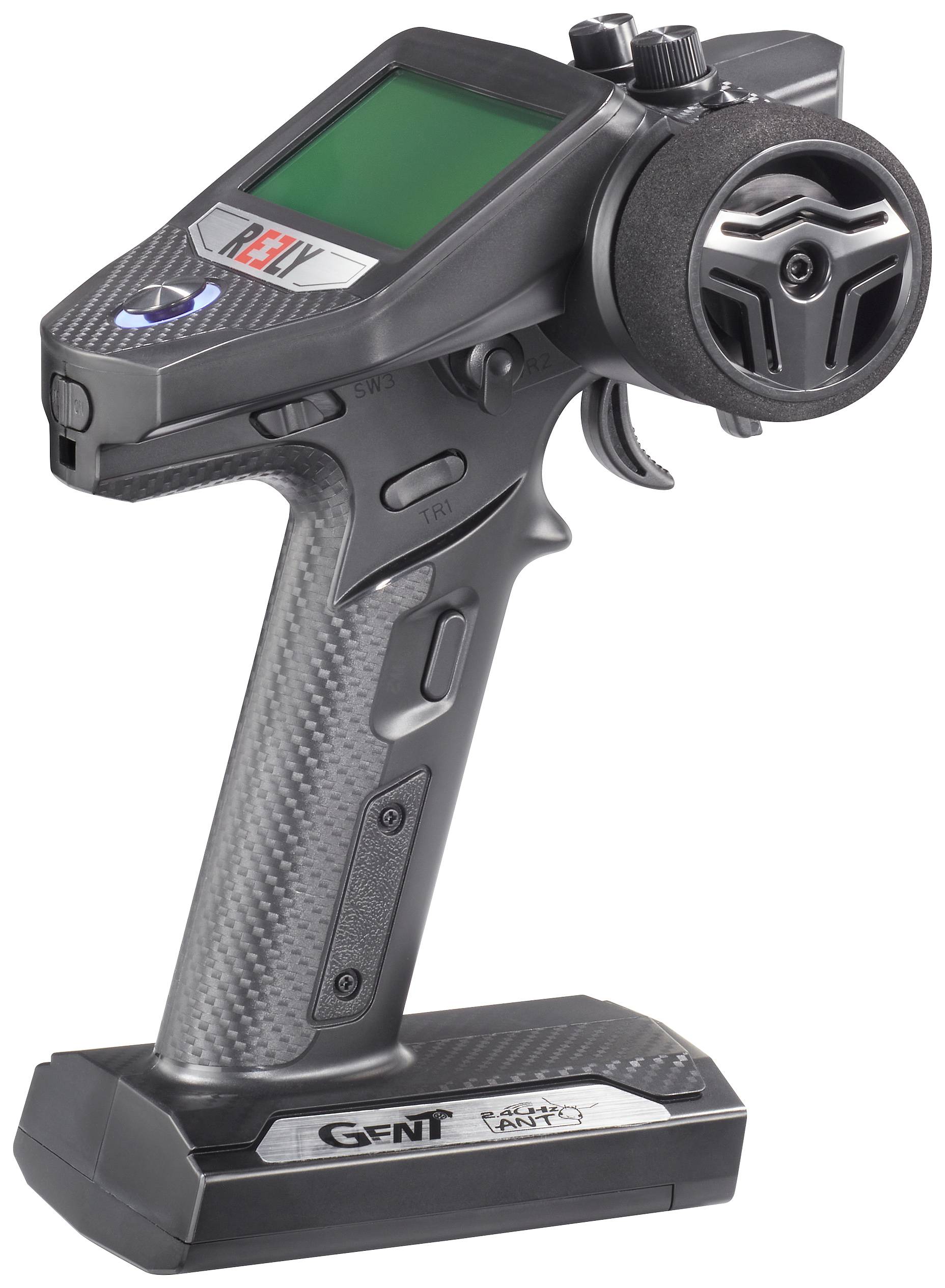 Remote control with black handle and large rotatable wheel on the side; display and multiple buttons on top. Suitable for RC models.