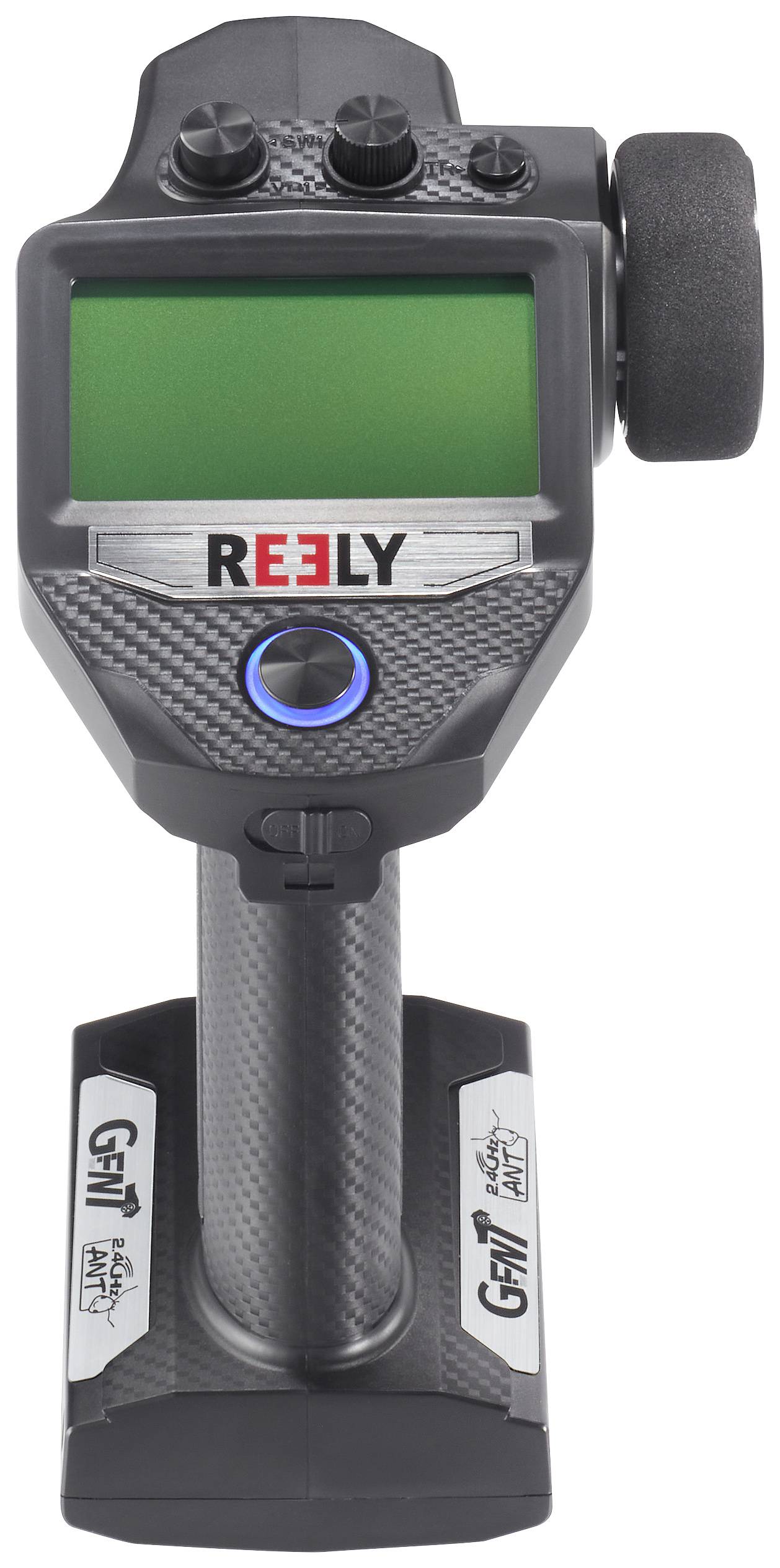 Remote control for remote-controlled vehicles with a green display and four buttons, black and grey housing and foam wheel on the right.