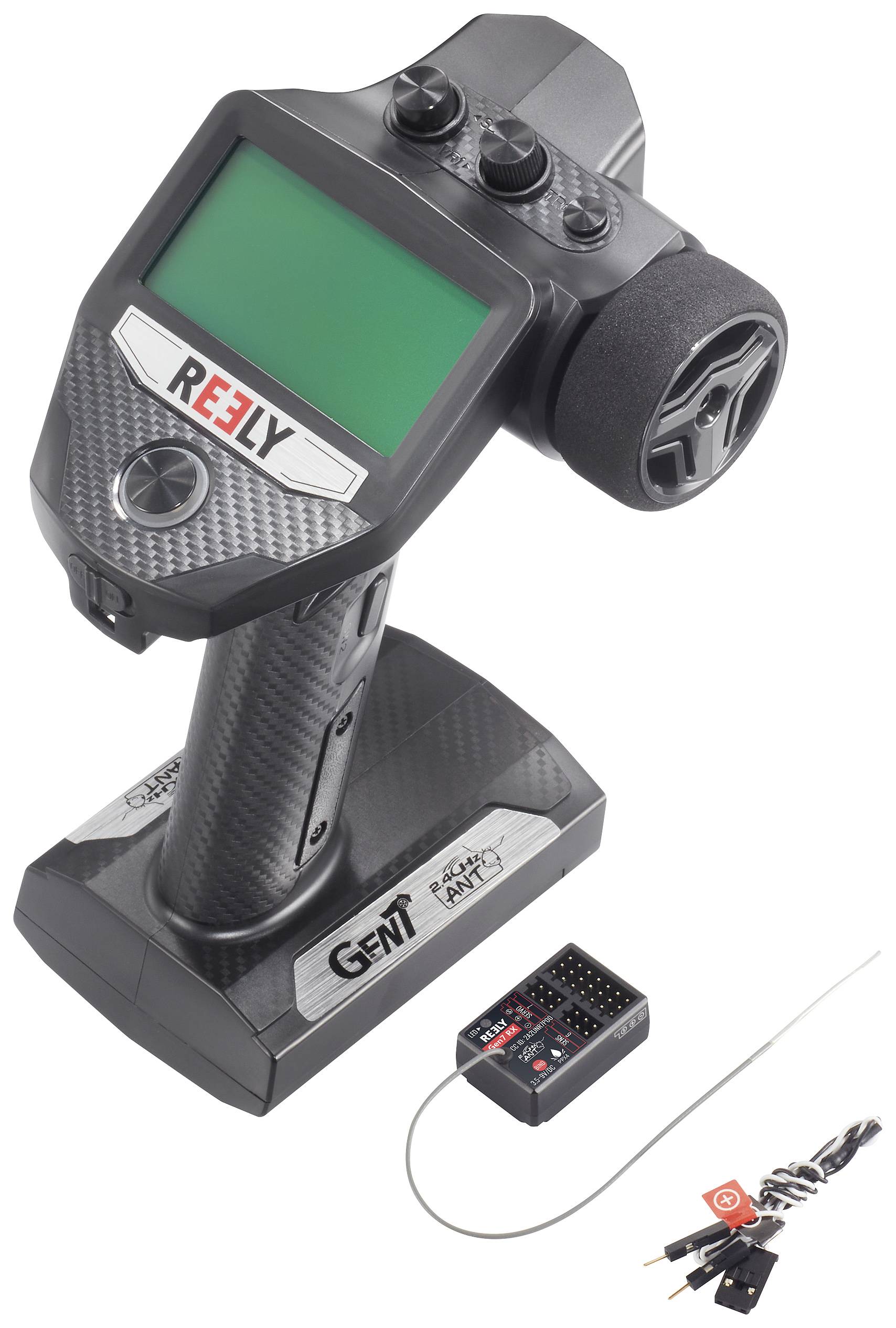 A black, ergonomic remote control with a screen and rotary control knob. Beside it, a receiver with an aerial and cables.