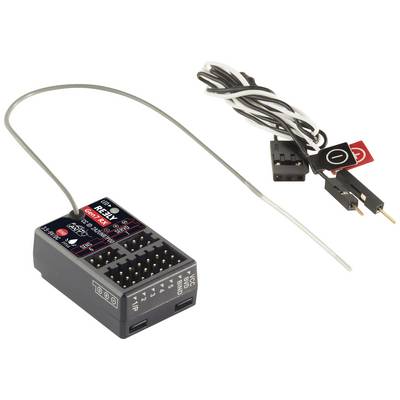 A radio control receiver with connected antenna and two cables with connectors, suitable for model building applications.