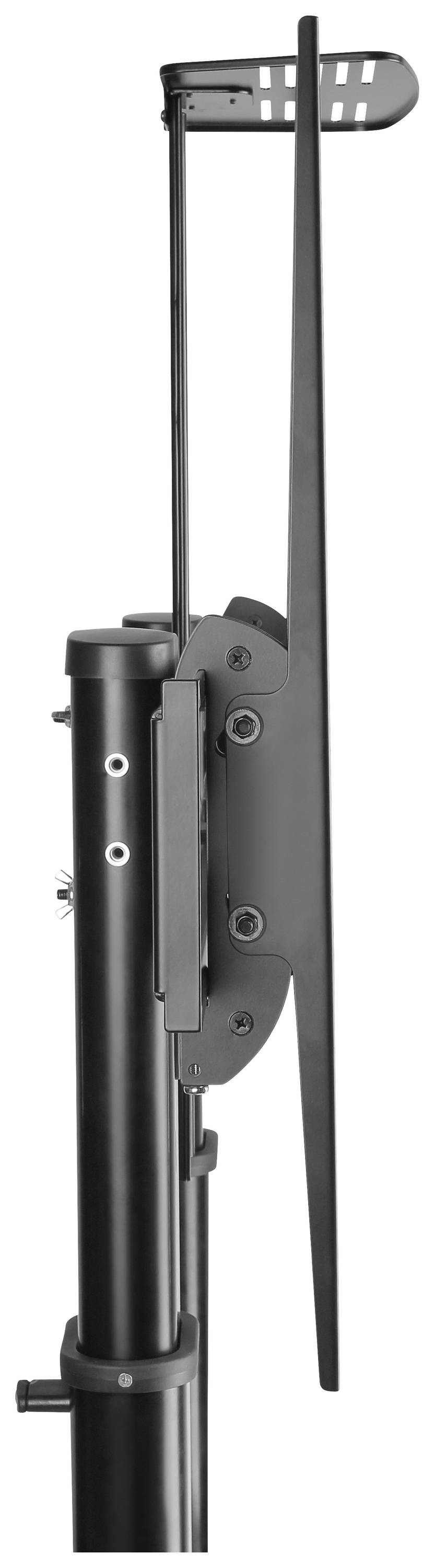 A black, vertical metal TV bracket in side profile. Ideal for wall-mounting flat-screen televisions.
