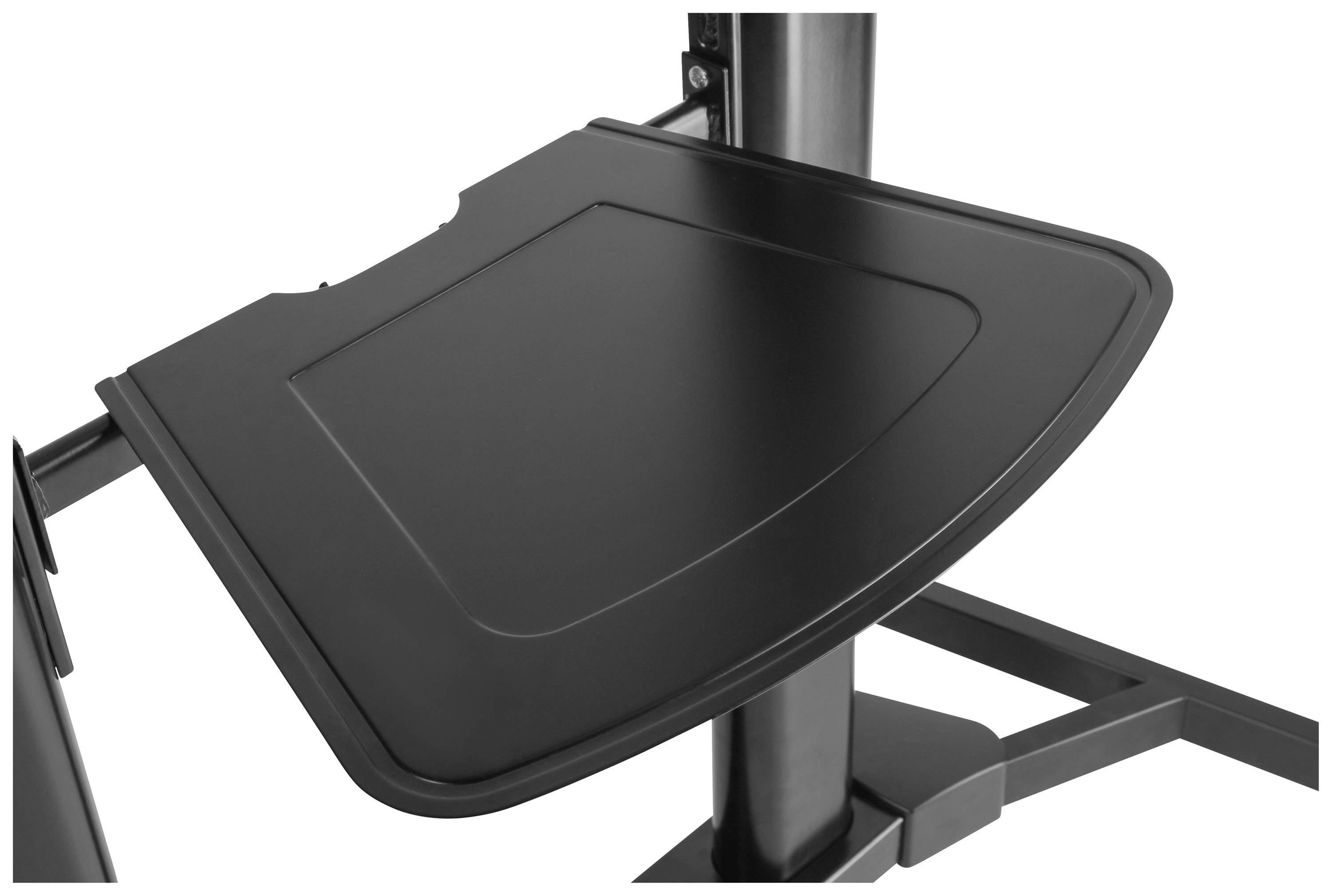 A black, curved storage tray is attached to a vertical stand.