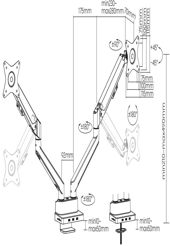 Double Monitor Arm Stand with Flexible Joints, Height and Width Specifications in Millimetres, Suitable for Two Screens.