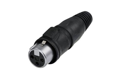 XLR-style plug, black, with three pin contacts, used for professional audio equipment, on a white background.
