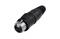 XLR-style plug, black, with three pin contacts, used for professional audio equipment, on a white background.