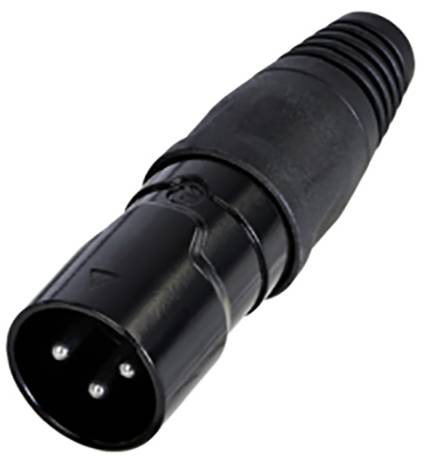 Black three-pin plug, commonly used for audio and electronic connections, manufactured from plastic and metal.