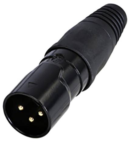 A black three-pin XLR connector, commonly used for audio cables in professional sound engineering.