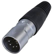 A black and silver XLR connector, typically used for audio connections, with four visible pins.