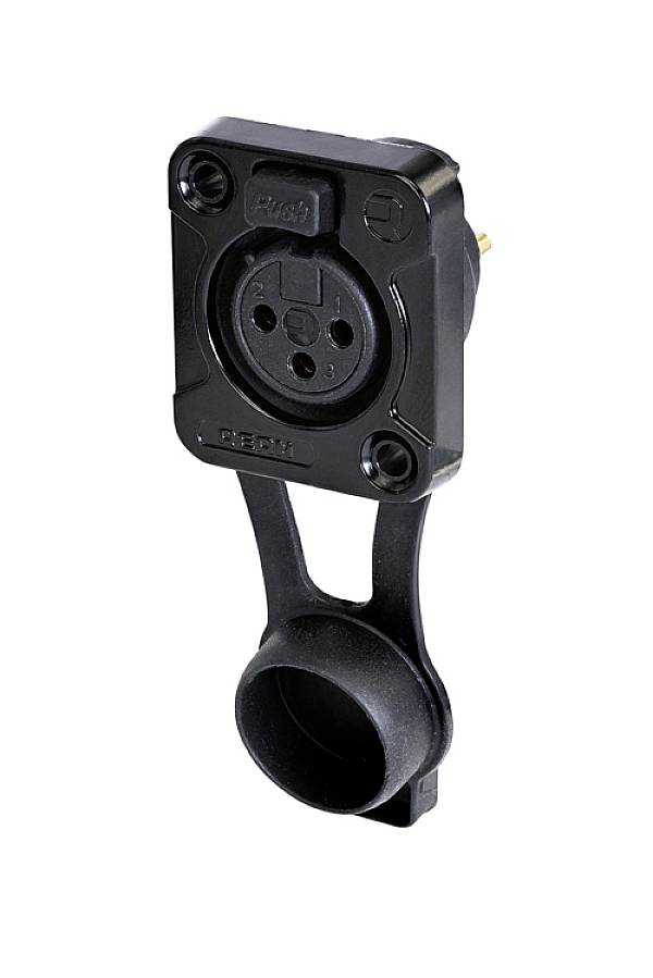 Black connection unit with slots and removable protective cover, used for electrical connections in devices.