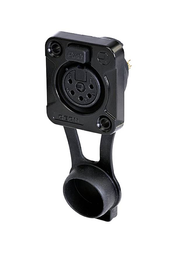 'Protective cover for a socket with a black housing, mounted on a rectangular bracket, suitable for industrial applications.'