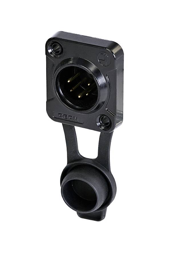 A black socket connection with cover, suitable for electronic connections, mountable on a surface.