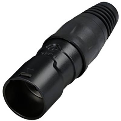 Black plastic connector with knurled grip and locking mechanism, suitable for audio equipment.