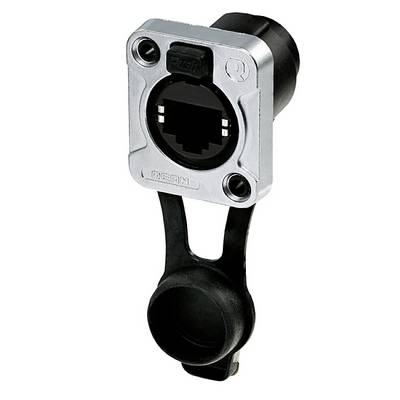 A RJ45 socket with a silver casing and a black protective cap. The socket is marked with the word 'Push'.