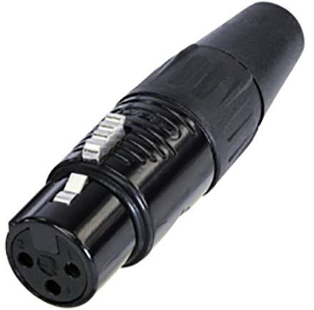 Black XLR plug with three pins, typically used for audio connections in professional and home audio applications.