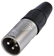 A three-pin XLR plug, housed in a metal casing with a plastic grip, is commonly used in audio engineering.