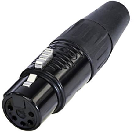 Black XLR plug, 5-pin, for audio connections, with silver-coloured contacts and a matte finish.