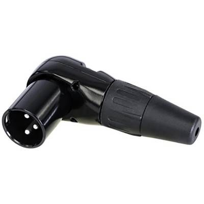 Black, right-angled XLR plug with three metal pins.