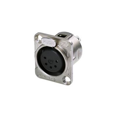 Metal connector with a black, round front and circular hole pattern, with 'PUSH' labelled at the top, suitable for audio connections.