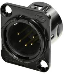 A black round 4-pin plug in a rectangular housing with two mounting holes, possibly for audio or electronic devices.