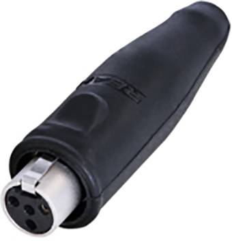 A black XLR plug with metal contacts and a robust plastic housing. Used for sound and stage technology.