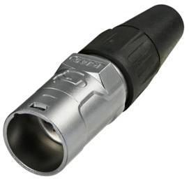 Jack of an audio or video cable with a metallic housing and black plastic connector, suitable for professional connections.