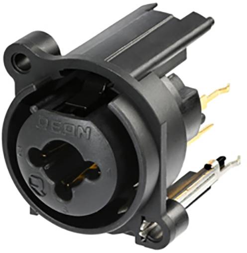 'Black plastic housing for electrical connections with three metallic contacts and mounting ring.'
