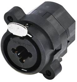 Black, round electrical connector with multiple pin contacts and 'PUSH' text on a metal tab.