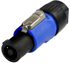 A blue and black electrical connector with a silver metal lock.