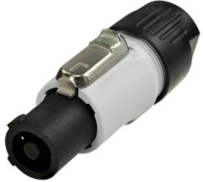 Electric plug with black and white casing, metal clip for securing.