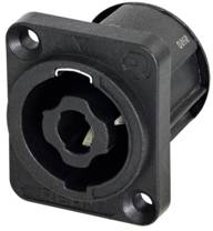 Black audio XLR socket, square with four mounting holes, suitable for professional sound applications.