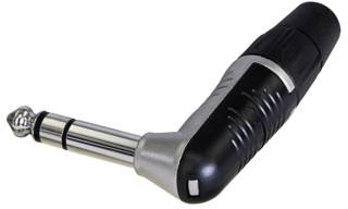 Black and silver 90-degree jack adapter for audio cables, used for connecting musical instruments or audio devices.