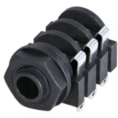 Black, four-pole connector with rounded edges and metal clips, suitable for cable connections in electronic devices.