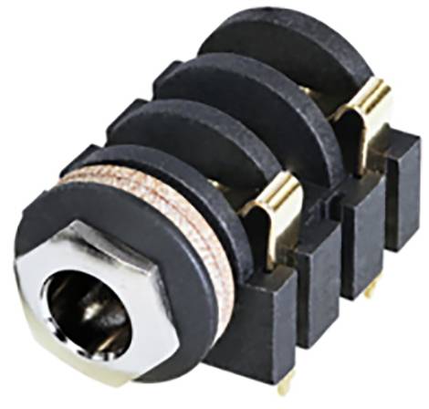 'Black audio socket with four connections, metal contact and plastic housing, suitable for electronic devices.'