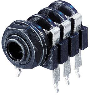 A black, four-pole 3.5-mm jack socket component used for audio connection in electronic devices.