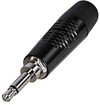 A black audio jack with a metal tip for transmitting audio signals.