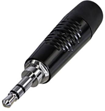 3.5 mm jack plug, black, metal, insulated; commonly used for headphones and audio devices.