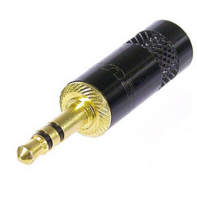 'A black and gold audio jack with a 3.5 mm diameter, used for connecting headphones or speakers.'