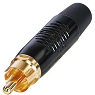 Black and gold RCA connectors for audio and video connections, with a ridged grip surface.