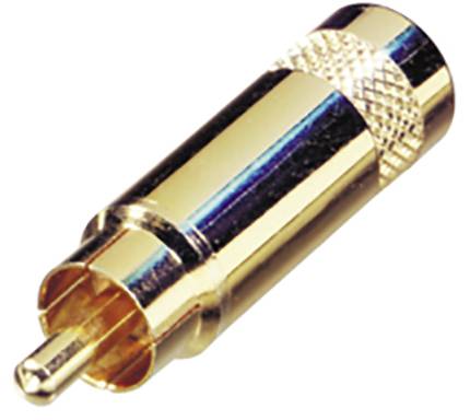 A golden RCA plug on a white background. It is used for connecting audio and video devices for high-quality signal transmission.