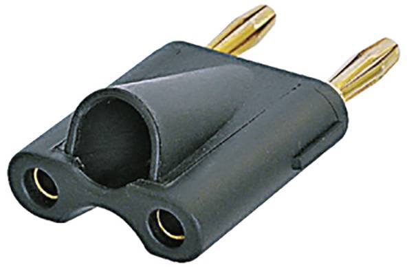 A black double banana plug with two golden, conical connectors.