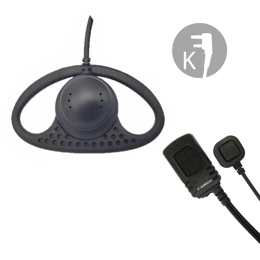 A black earphone with a cable leading to a plug. A grey symbol with a 'K' and a plug is depicted in the top right.